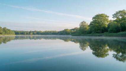 Fototapeta premium Calm Lake with Tree Reflections Under Blue Sky, Peaceful Nature Landscape Background