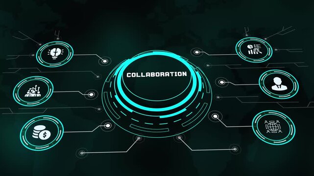 Team collaboration concept depicted on futuristic HUD digital technology network interface.