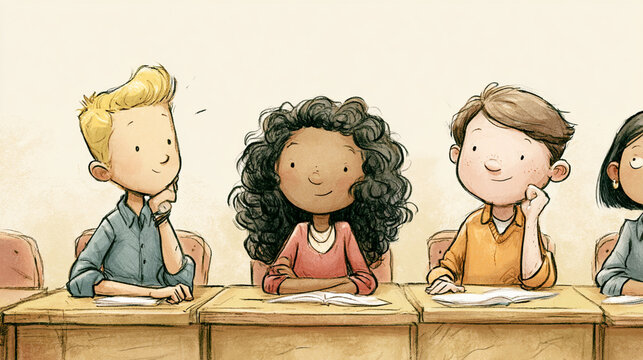 A diverse group of three children engaged in learning, showcasing expressions of curiosity and thoughtfulness while seated at their desks in a classroom setting.