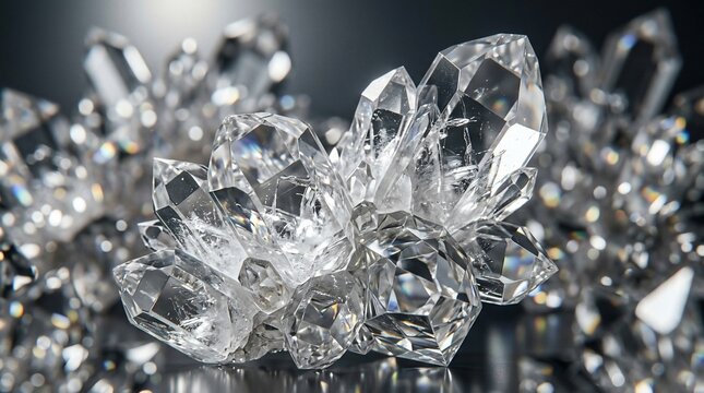 Clear crystal cluster macro studio shot reflective surface