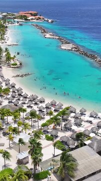 Mambo Beach At Willemstad In Netherlands Curacao. Beach Landscape. Caribbean Island. Willemstad At Netherlands Curacao. Seascape Outdoor. Nature Tourism.