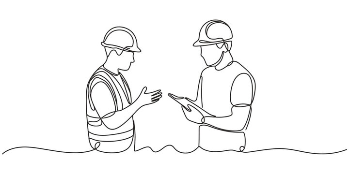 Two construction workers talking with hard hats in continuous line drawing
