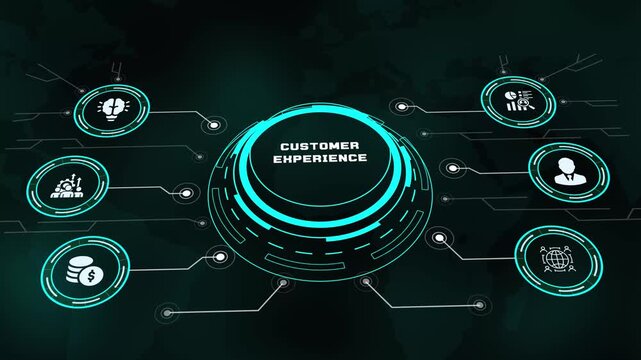 Customer experience concept displayed on futuristic cyan HUD digital technology network background.