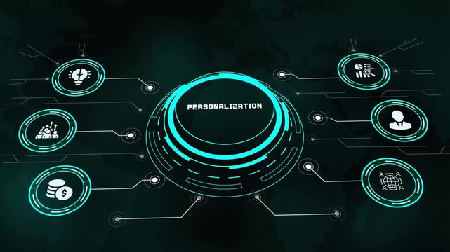 Futuristic HUD digital interface concept displaying personalization network and connectivity nodes.