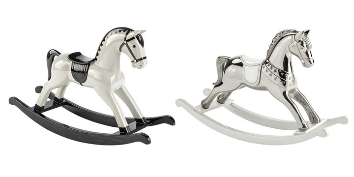 Classic Rocking Horse Toy Collection, A collection of elegant rocking horse toy classic white wooden and metallic silver designs. Perfect for children on transparent background.