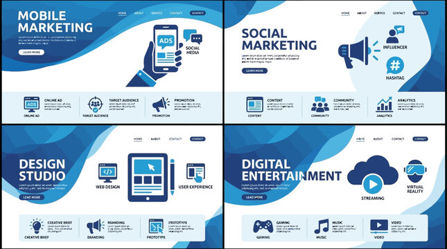 Professional Collection of Fifteen Website Landing Page UI Templates Featuring Vibrant Gradient Abstract Geometric Backgrounds for Modern Digital Mobile Marketing and Smartphone App Development