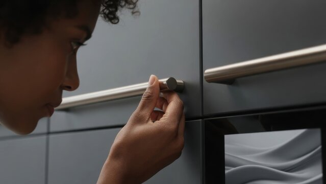 Person Adjusting Modern Kitchen Cabinet Cupboard Knob