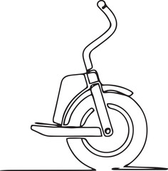 Continuous one line drawing rugged electric unicycle, detailing its boxy battery body casing, ergonomic top carry handle, sturdy folding footplates.one line icon drawing © alimon