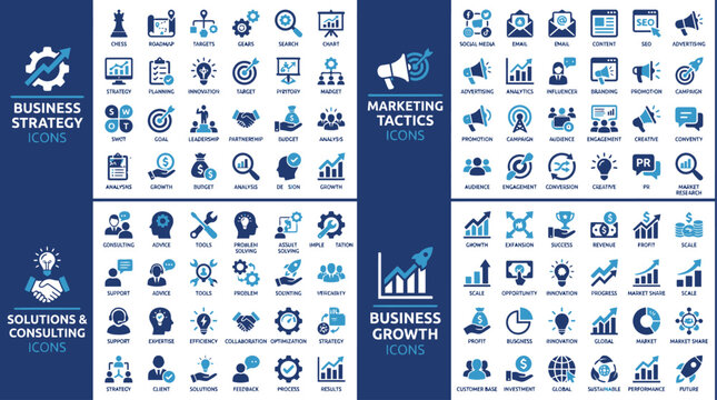 Modern business strategy and corporate planning vector illustration featuring strategic management tactics, project development icons, and professional growth concept for startup success.