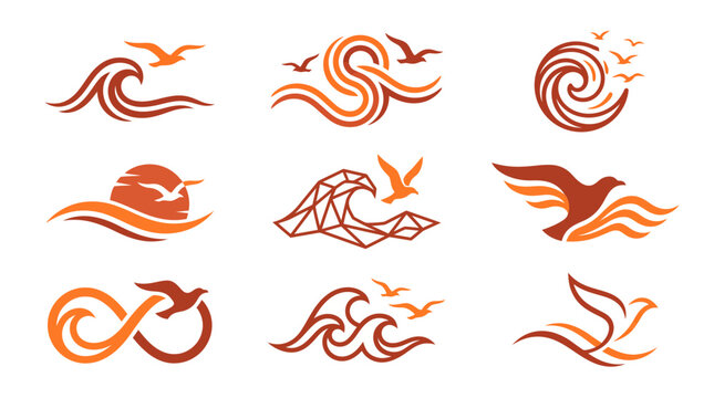 Minimalist collection of orange ocean wave icons with flying seagulls and geometric sun design elements on white, symbolizing branding presentation and representing coastal tourism identity