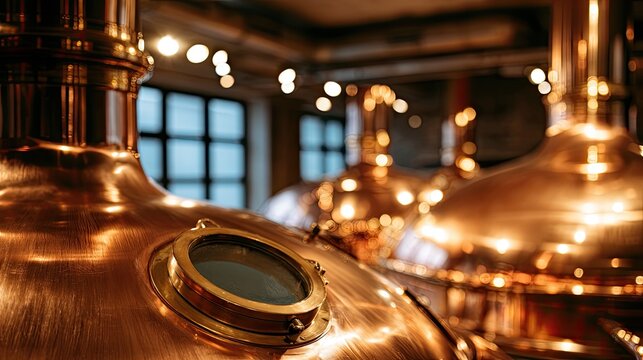 Gleaming copper vats with round viewing windows in a warmly lit interior