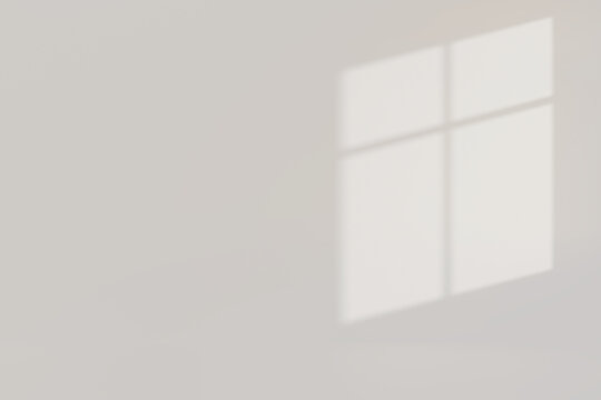 Double-wing window shadow template with sharp, clean shapes on an empty white wall with copy space. Bright sunlight with a sharp shadow overlay effect. Minimalist interior background mockup, 3D render