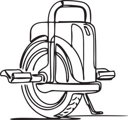 Continuous one line drawing rugged electric unicycle, detailing its boxy battery body casing, ergonomic top carry handle, sturdy folding footplates.one line icon drawing © alimon