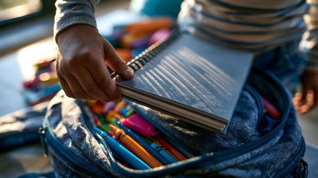 Kind nimmt ein Schulheft aus einem ge&ouml;ffneten Rucksack