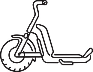 Continuous one line drawing rugged electric unicycle, detailing its boxy battery body casing, ergonomic top carry handle, sturdy folding footplates.one line icon drawing © alimon