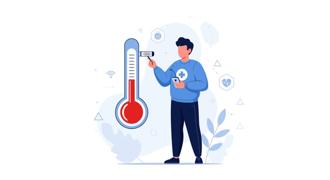 Man with Digital Thermometer and Smartphone Monitoring Health and Temperature, Medical Technology Concept