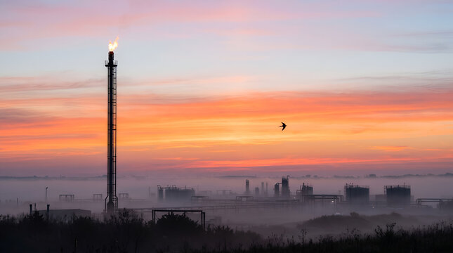 Gas flare stack rising above low morning fog at industrial gas plant with pastel