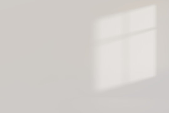 Double-wing window shadow template with blurred shapes on an empty white wall with copy space. Bright sunlight with a blurred shadow overlay effect. Minimalist interior background mockup, 3D render
