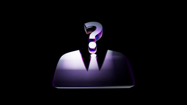 Shiny purple human silhouette icon with a question mark head on a dark background 3D Icon