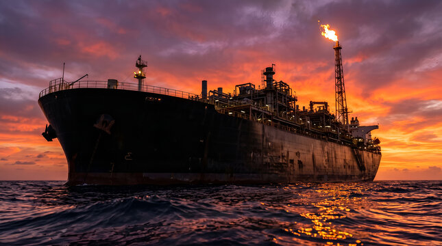 FPSO oil production vessel with gas flare burning at dusk, purple and magenta twilight sky with flare light reflecting on dark ocean surface, banner