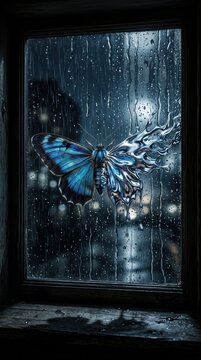 Blue butterfly morphing into liquid metal on rainy window