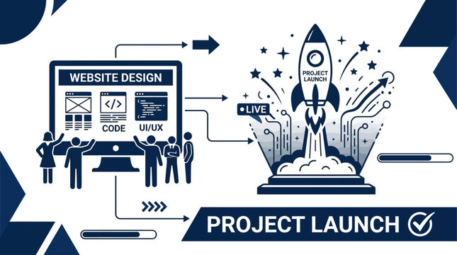 Flat Vector Illustration of a Digital Website Design Project Launch Creative Concept with Rocket Icon Web Development Process and Graphic Interface Construction Banner for Software Startup Growth