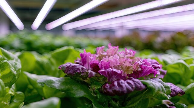 Vibrant purple ornamental cabbage flower center amid lush green leafy vegetables