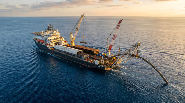 Aerial view of offshore pipelay vessel installing subsea pipeline with orange cranes and stinger at sea during golden hour, marine construction banner