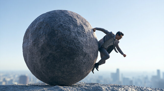 A businessman struggles to push a large boulder uphill, symbolizing the challenges and obstacles faced in the corporate world
