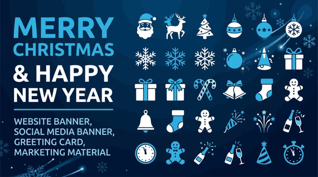 Festive Merry Christmas and Happy New Year Horizontal Web Banner Template Vector Illustration Featuring Seasonal Decorations Ornaments and Winter Holiday Celebration Elements for Online Marketing