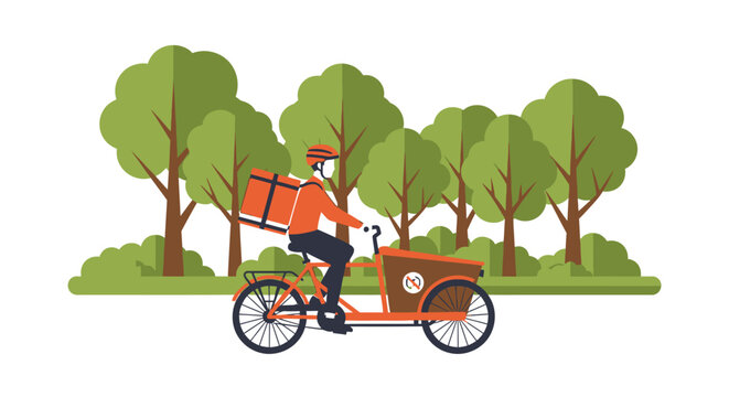 Eco-Friendly Delivery Courier Riding Cargo Bike in Public Park; Sustainable Green Logistics Illustration with Man on Tricycle and Thermal Backpack