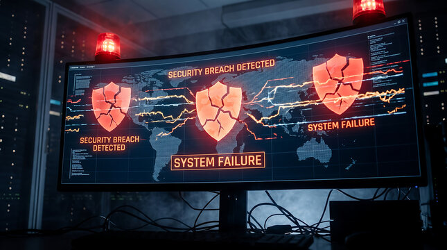 Cybersecurity dashboard showing system failure and security breach on screen in dark server room
