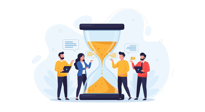 Teamwork, Time Management, and Deadline Concepts Illustrated by People Around Hourglass