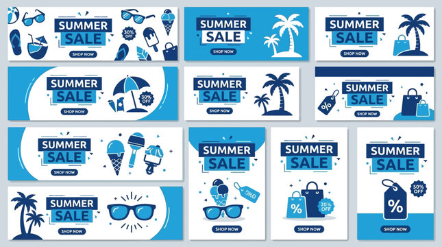 Vibrant Summer Sale Banner Collection, Artistic Promotional Poster Template with Colorful Vector Illustration, Seasonal Retail Marketing Graphic for Ecommerce and Online Shopping Campaigns
