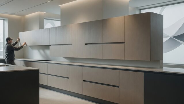 Installer Fitting Modern Gray Kitchen Cabinet Doors