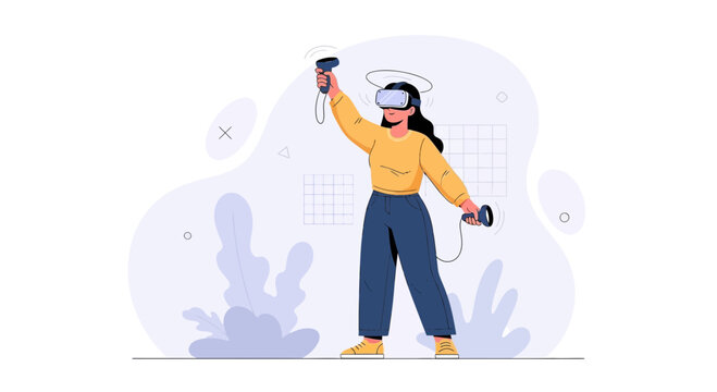 Woman Experiencing Virtual Reality with VR Headset and Controllers, Digital Art Style