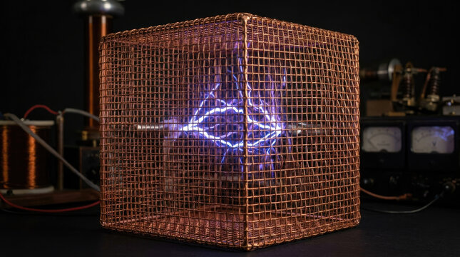 Faraday cage with electric arcs inside, showcasing electromagnetic phenomena and scientific
