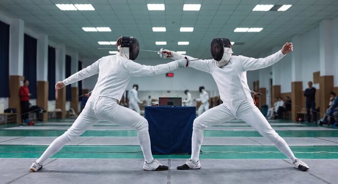 Two fencers in white protective gear engage in a duel on a competition piste with spectators watching.