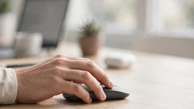 Hand clicking mouse on office desk bright natural light, Close-up of mouse click in modern office environment, Casual office mouse click on clean desk