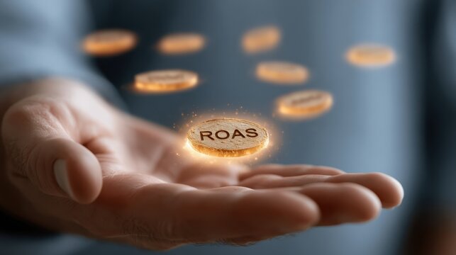 A hand holds a glowing coin labeled "ROAS," with other coins floating above, symbolizing return on ad spend and digital marketing success.