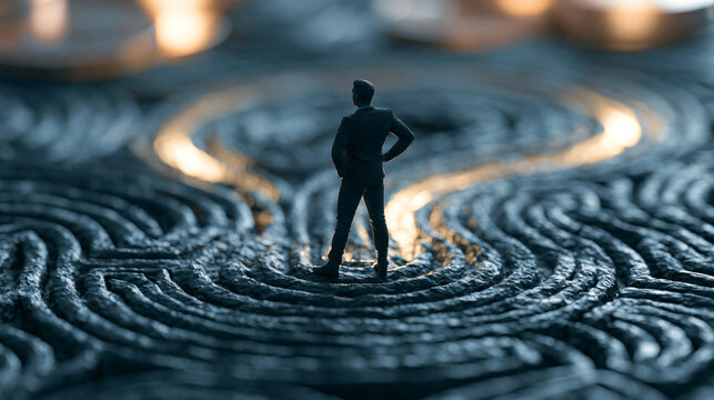 A lone figure stands at the center of a complex maze, symbolizing the challenges of decision-making in modern society