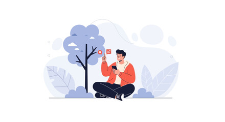 Obraz premium Young man with smartphone and notifications icons, sitting outdoors near a stylized tree and abstract shapes. Modern flat illustration.