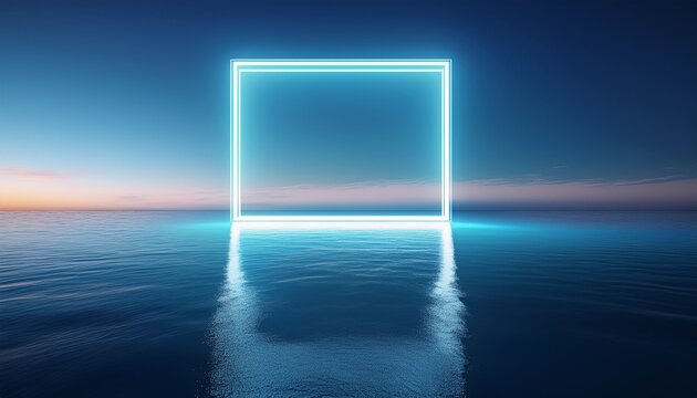 Luminous Rectangular Light Portal Rising From Tranquil Ocean
