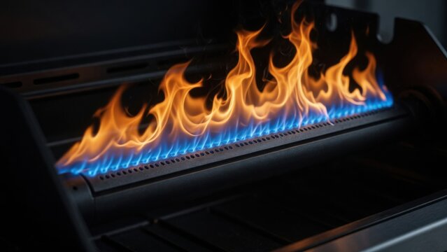 Blue and Orange Flames Burning on Gas Grill Burner
