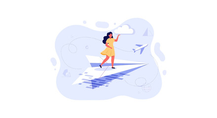 Obraz premium Young Woman Riding Giant Paper Airplane Towards Clouds and Airplane, Concept of Travel, Dreams, and Ambition