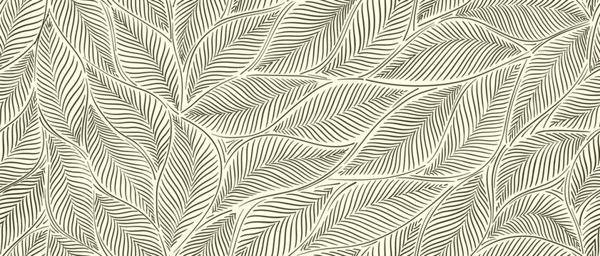 Tropical line art leaves seamless background vector. Wallpaper design with leaves shapes and scribble doodle linear leaf. vintage botanical floral seamless pattern.