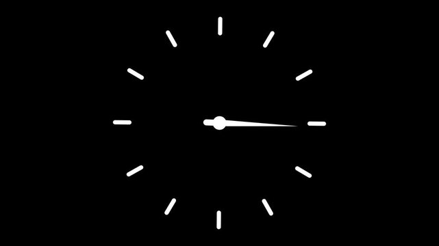 Clock spinning, watch animation on black background with alpha channel. Analog clock icon flat style 24 hours day. Twenty four hours clock spinning animation.