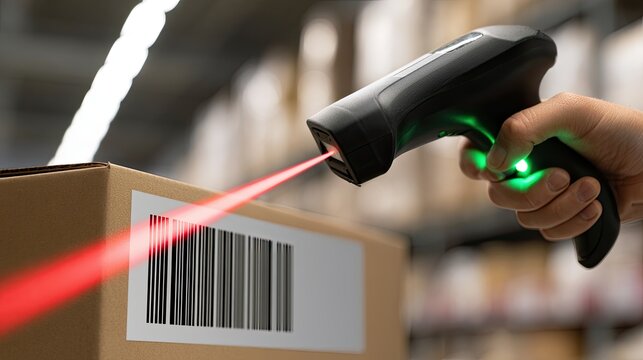 Hand holding scanner with red laser beam reading barcode on cardboard box