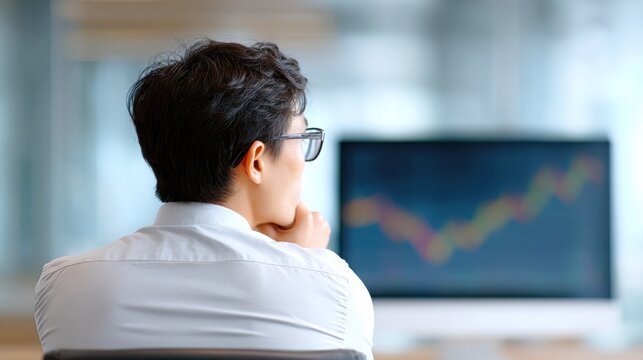 Finance manager observing red and green stock market charts on a computer screen in an office