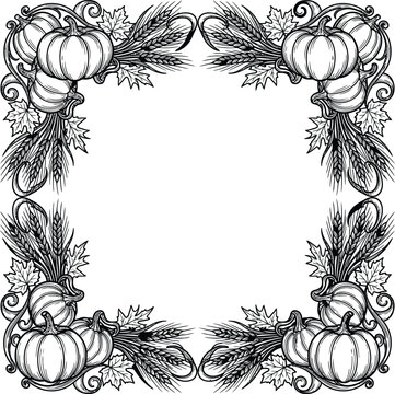 Decorative frame with pumpkins wheat maple leaves and swirls for autumn harvest theme.